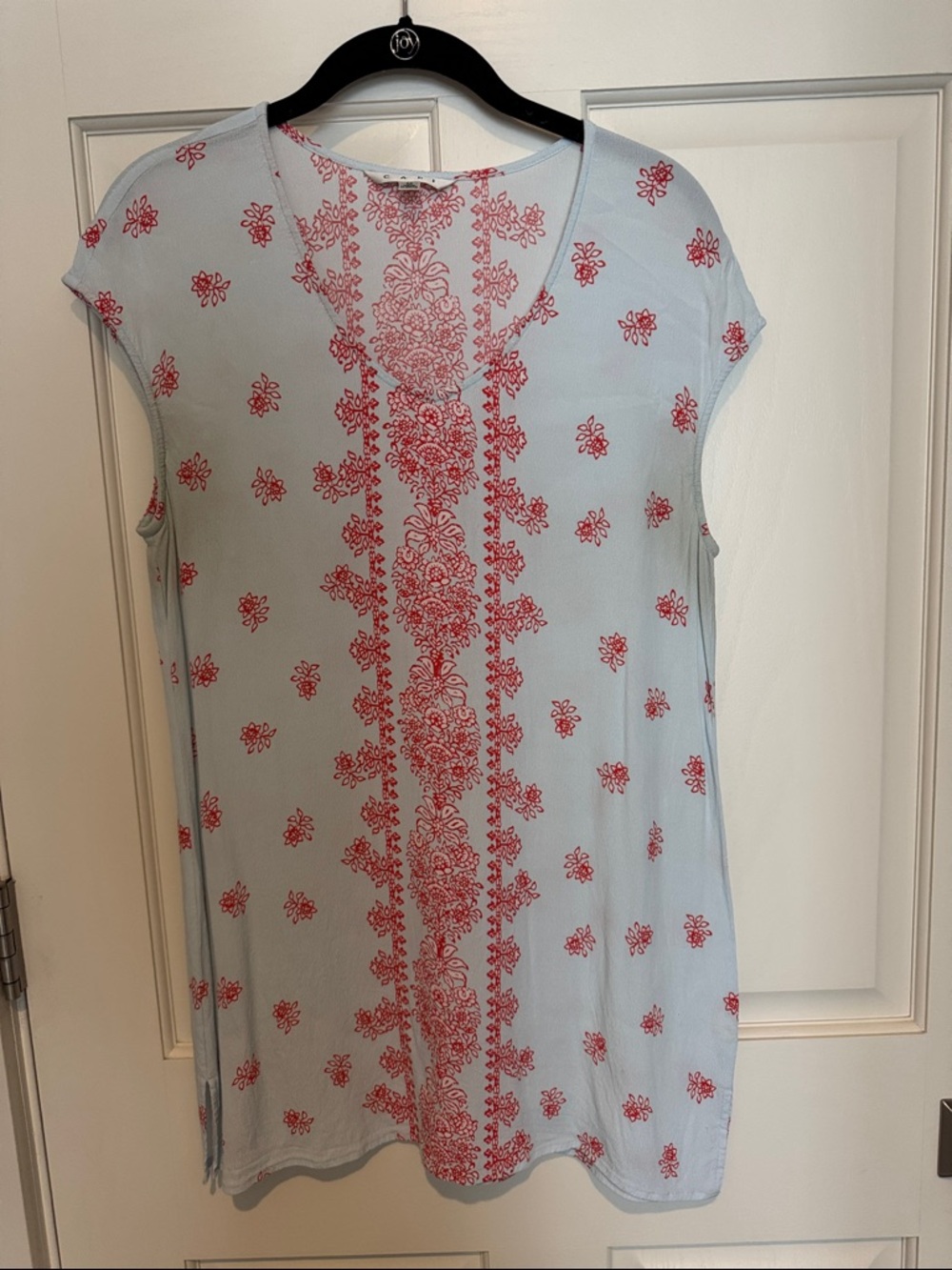 CAbi Light Blue Tunic with Red Embroidered Motif